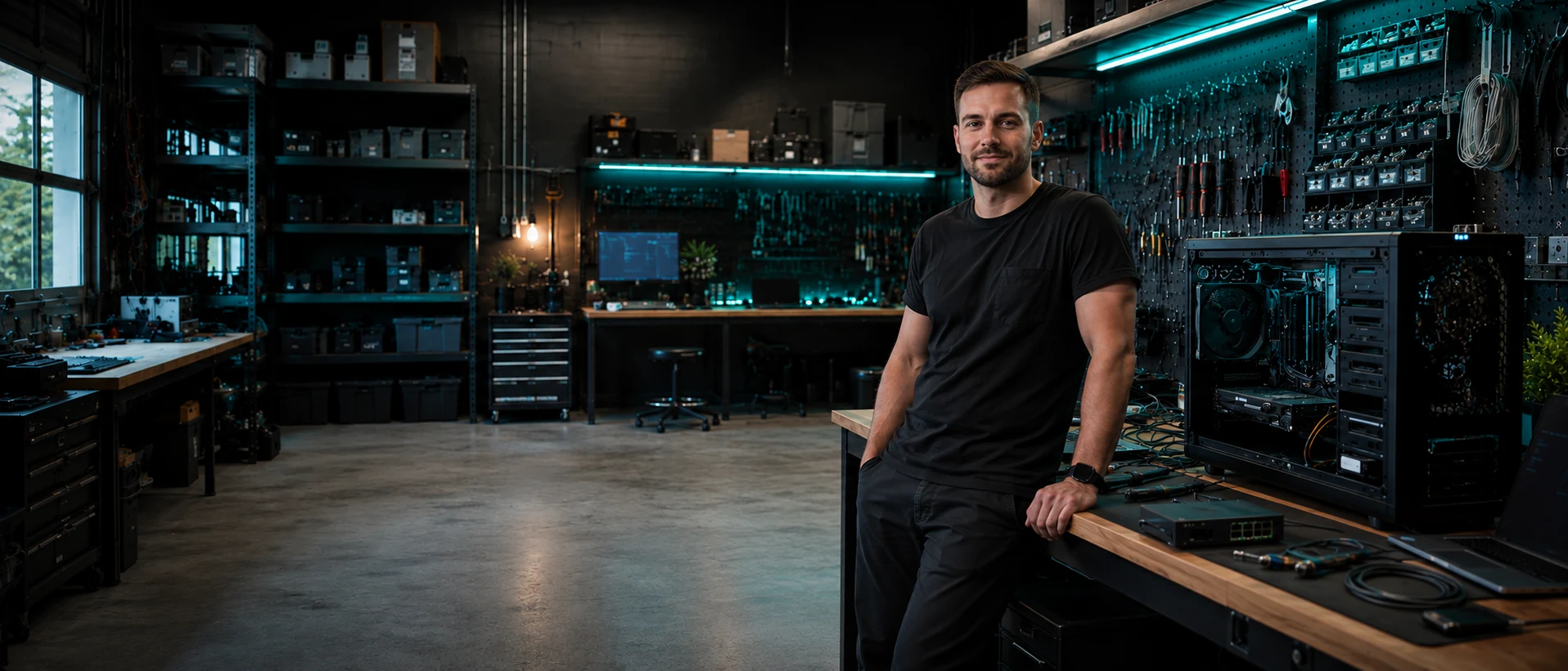 Gigabyte Garage technician in a teal-lit computer workshop beside an open desktop PC