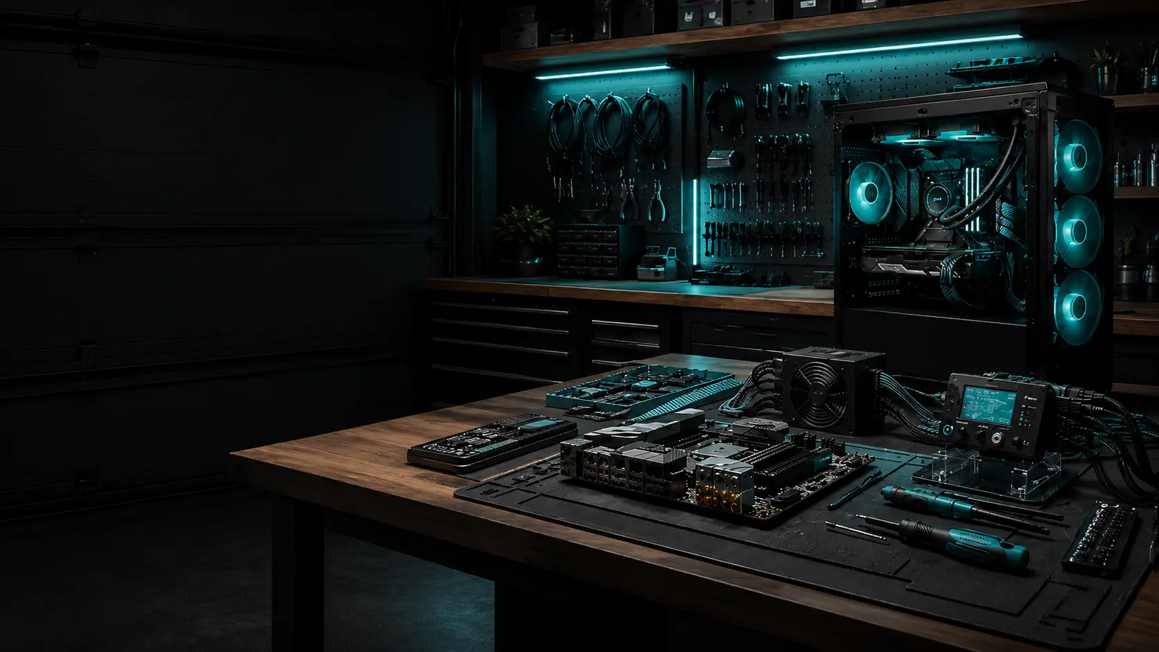 Teal-lit PC hardware workbench with open desktop tower and components laid out for upgrade or repair