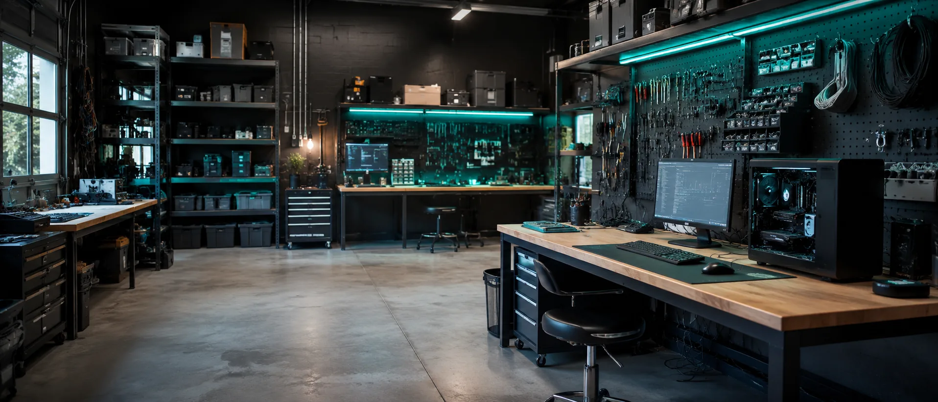 Working neighborhood tech garage with repair benches, PCs, networking gear, tool walls, diagnostic screens and subtle teal lighting