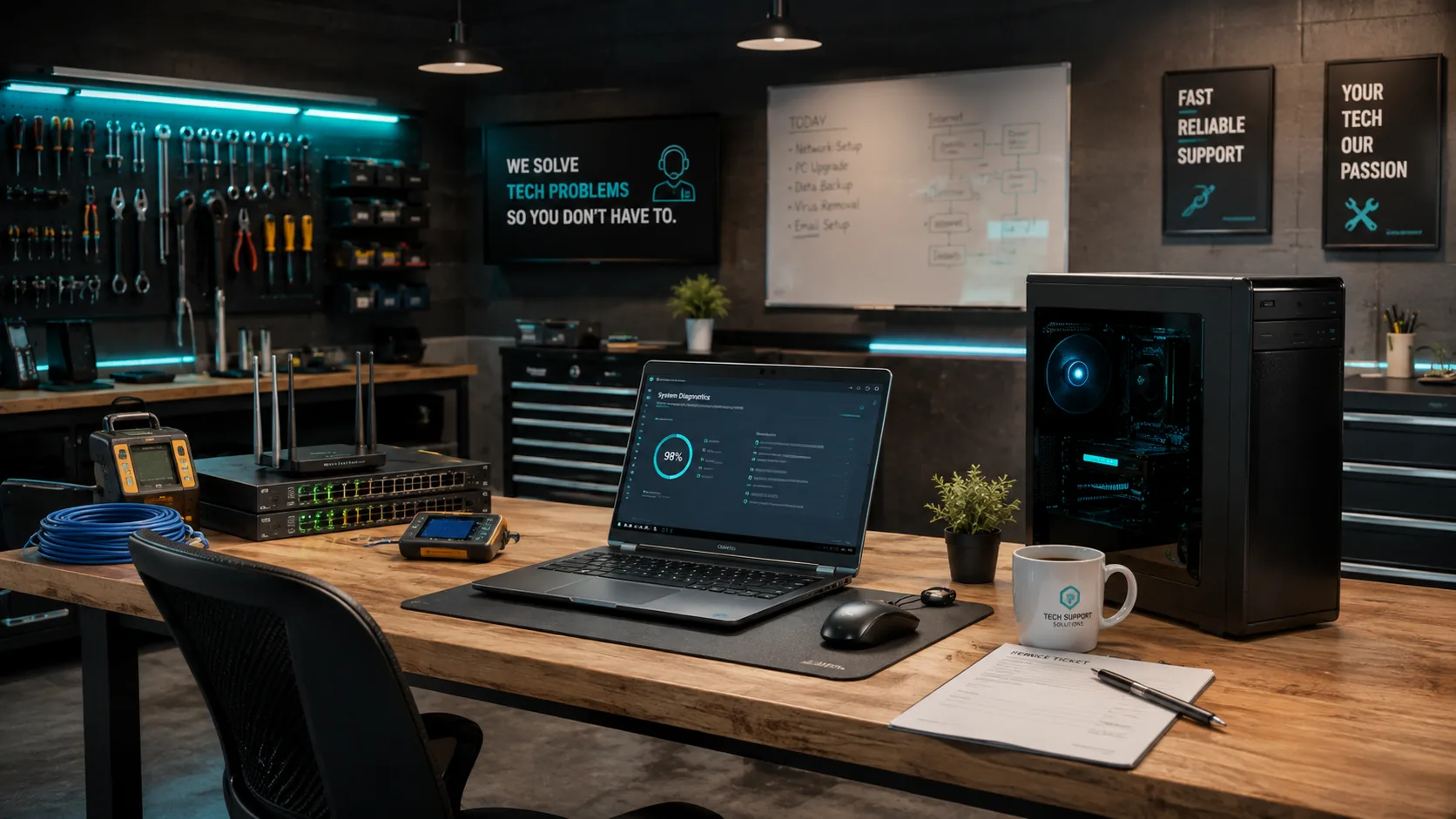 IT support workbench with diagnostics, networking gear and computers