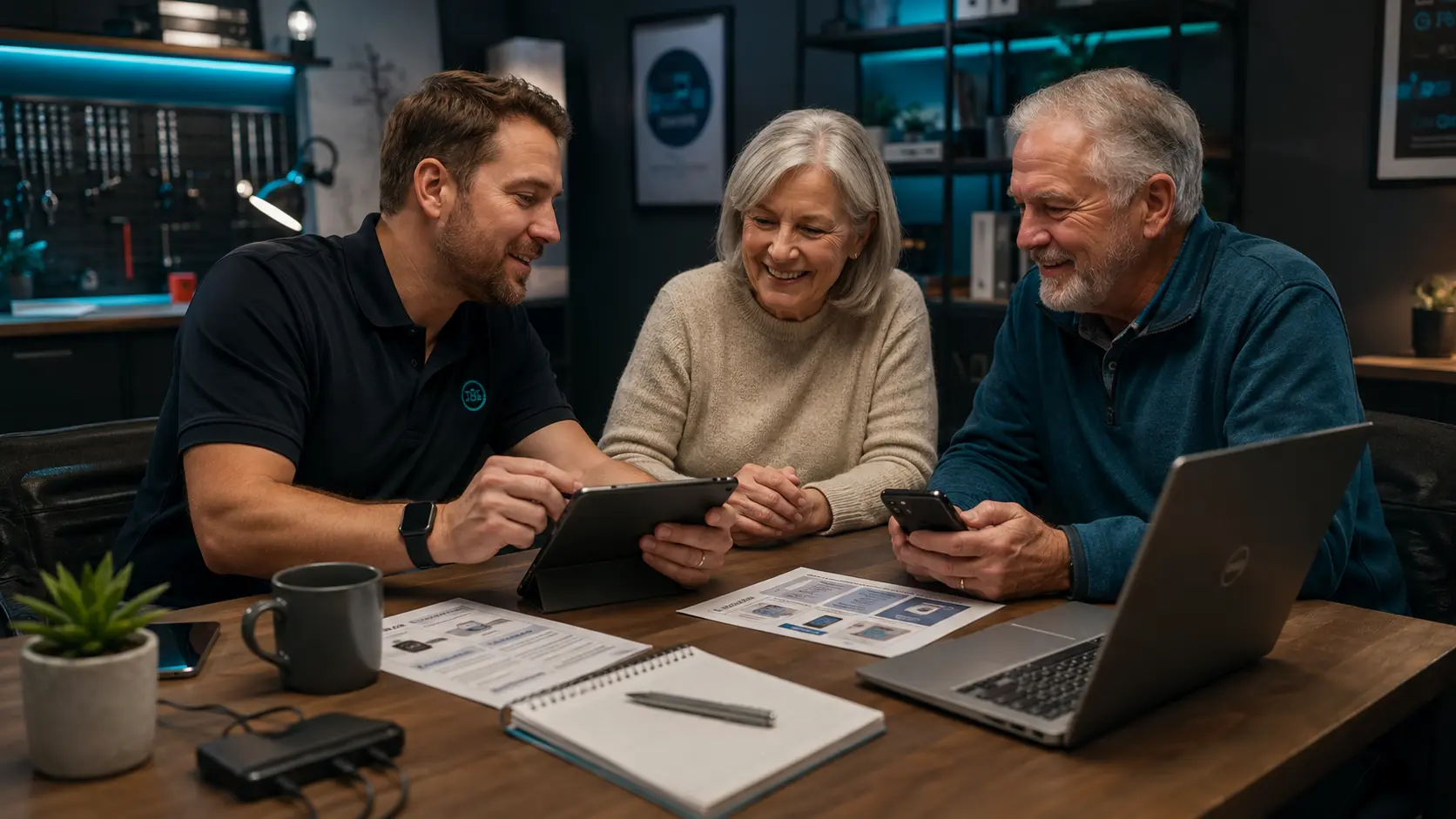 Friendly one-on-one technology help with a tablet, phone, and laptop
