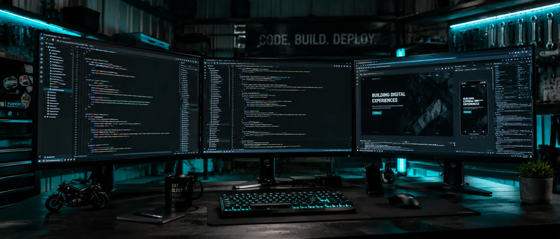 Website development workspace with code displayed across multiple monitors